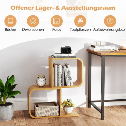 S-Shaped Bookshelf with 2 Open Cubes Geometric Corner Shelf Bamboo Shelf