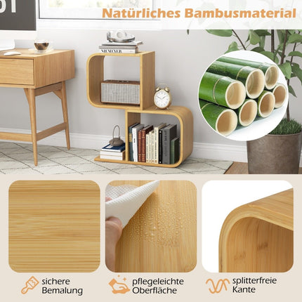 S-Shaped Bookshelf with 2 Open Cubes Geometric Corner Shelf Bamboo Shelf