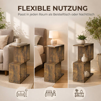 S-Shaped Side Table with 3 Tiers and 4 Compartments, Rustic Brown, Narrow