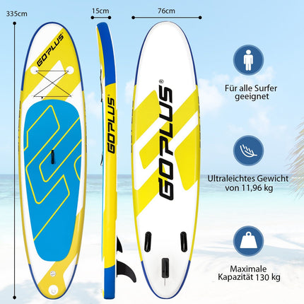 SUP nafukovací paddleboard lehký board 335 x 76 x 15 cm modrá + žlutá + bílá