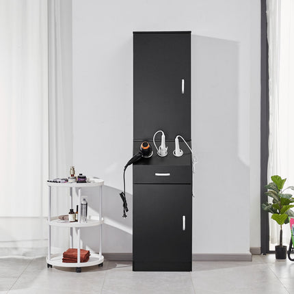 Salon Storage Cabinet, 3 Dryer Holders, Drawer, Black