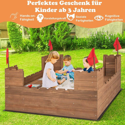 Pískoviště s úložnými přihrádkami a vlaječkami, dřevěné pískoviště pro 1-2 děti od 3 let, 113 x 116 cm