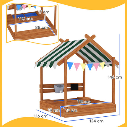 Wooden sandbox with seat and roof, 124x116x146 cm for children