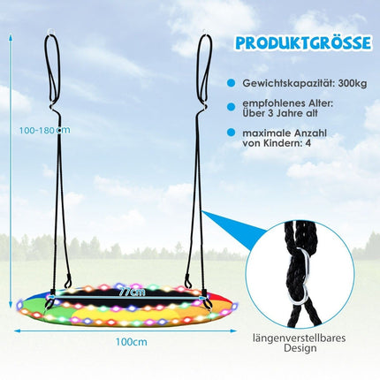 Houpačka hnízdo o průměru 100 cm nosnost až 300 kg LED houpačka pro děti a dospělé duhová barva