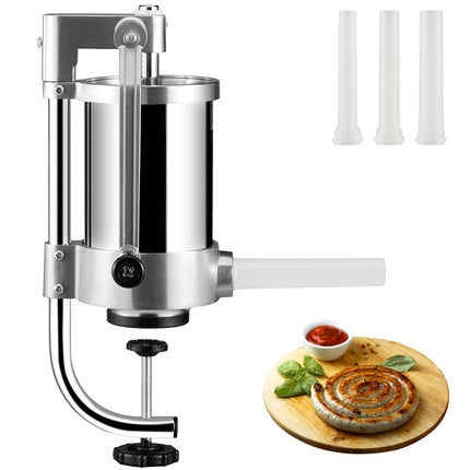 Sausage Stuffer, 1.5L 304 Stainless, Manual Crank, 3 Tubes