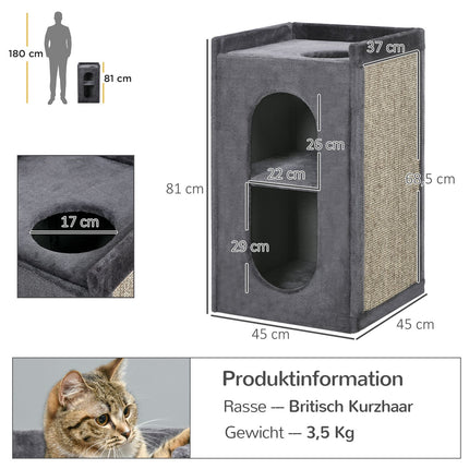 Kočičí škrabací věž, 81 cm, 2 pelíšky, tmavě šedá, do 6 kg