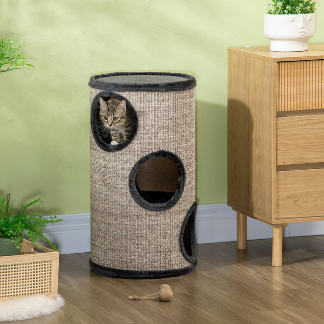 Cat Scratching Barrel with 3 sisal and plush caves, gray