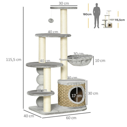 Kočičí strom s domečkem a houpací sítí, 115.5 cm jutové sloupy, světle šedá