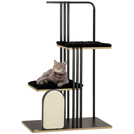 Kočičí strom s polštářkem a 2 plošinami, černá ocel, 128cm