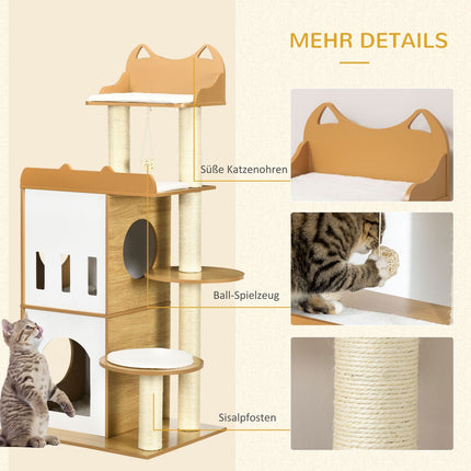 Cat tree with caves & play ball, 133 cm Oak & White