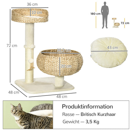 Kočičí strom 72cm s pelíšky a hracím míčkem, béžová/krémová