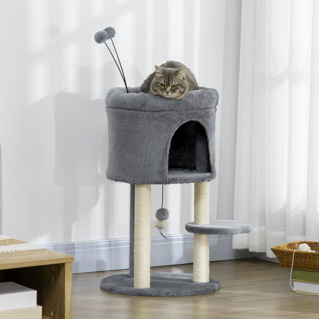 Cat tree with cave, toy ball & sisal - grey/cream, 73.5 cm