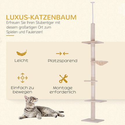 Nastavitelný béžový kočičí strom se sisalem na šplhání, 230-260cm