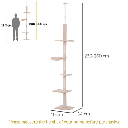 Nastavitelný béžový kočičí strom se sisalem na šplhání, 230-260cm