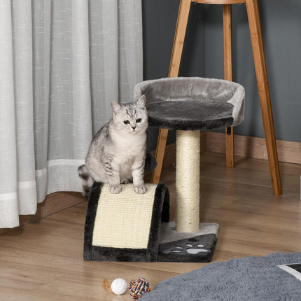Šedý kočičí strom se sisalovými sloupky a hracími míčky - 35.5x37x46cm