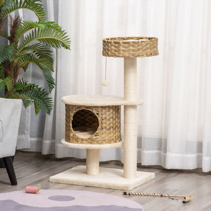 Kočičí strom s domečky a sisalovými sloupky, přírodní ratan, 95 cm
