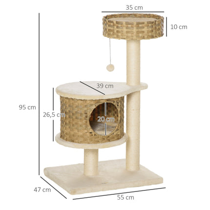Kočičí strom s domečky a sisalovými sloupky, přírodní ratan, 95 cm