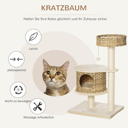 Kočičí strom s domečky a sisalovými sloupky, přírodní ratan, 95 cm