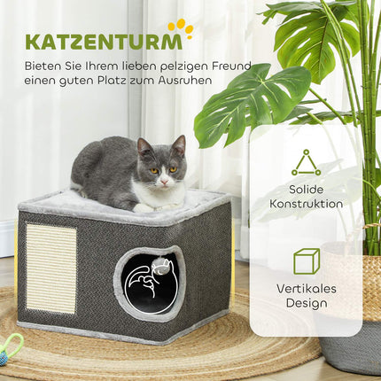 Kočičí věž s domečkem, sisalovým sloupem a hracím míčkem, 35 cm