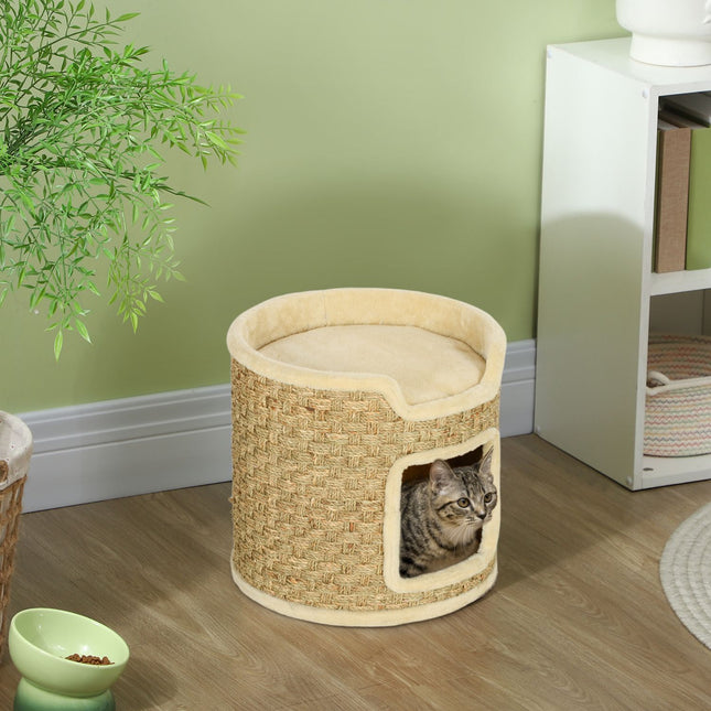 Kočičí věž – sisalový sud 37 cm, dvoupatrová, khaki