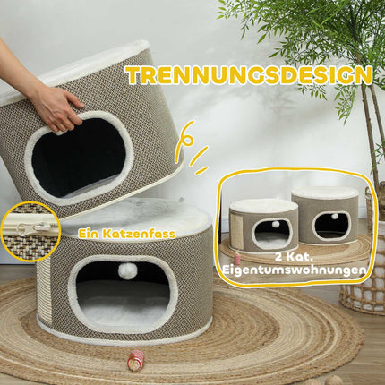 Cat Scratching Barrel - 2 caves, sisal, 69 cm, coffee/cream