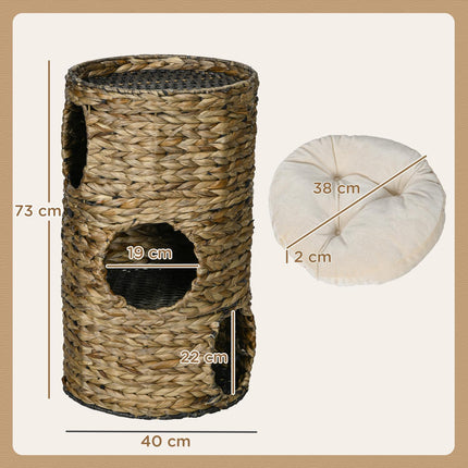 Kočičí věž se 3 domečky a pelíškem, 73 cm, vodní hyacint