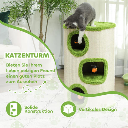 Škrabadlo pro kočky s domečky, sisal, hračka, 76 cm, zelená