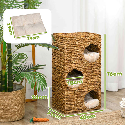 Kočičí věž ve tvaru sudu, 76 cm, 3 pelíšky, vodní hyacint, světle hnědá