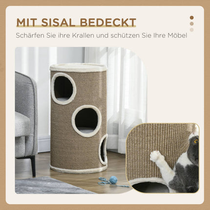 Kočičí škrabací věž, 3 patra, sisal a plyš, 70 cm