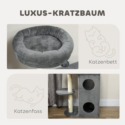 Kočičí strom s domečkem, pelíškem a míčkem - 111 cm, pro kočky do 5 kg, šedá