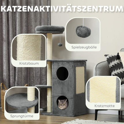 Kočičí strom s domečkem, pelíškem a míčkem - 111 cm, pro kočky do 5 kg, šedá
