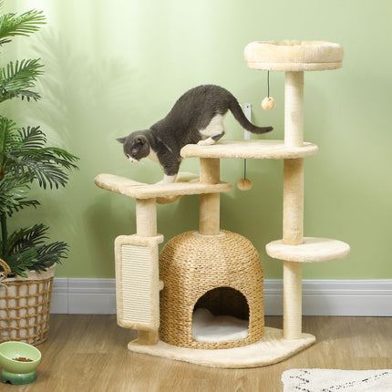 Béžový kočičí strom 112 cm s domečkem, pelíškem a sisalovými sloupky
