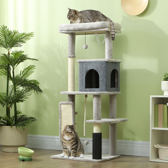 Kočičí strom s domečkem, sisalovými sloupy a hracím míčkem, 132 cm
