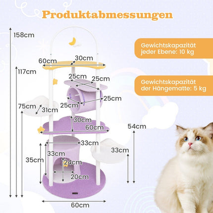 Škrabadlo 158 cm kočičí strom s kočičí jeskyní, tunelem, závěsnou hračkou a velkou lehací plochou ve tvaru měsíce fialová + bílá