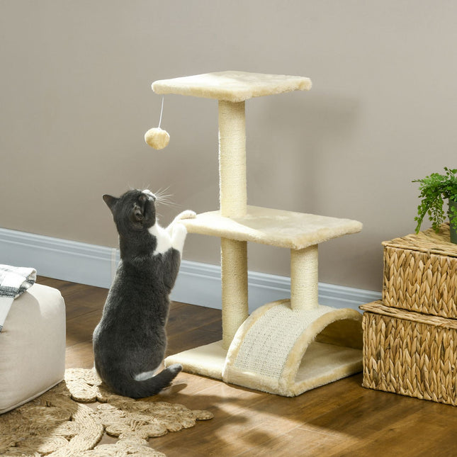 Krabpaal 72 cm kattentoren met pluche ballen, sisalpalen, platform, krabplank crèmewit