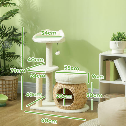 Kočičí strom s domečkem a pelíšky, škrabací sloupky, do 5 kg, krémová