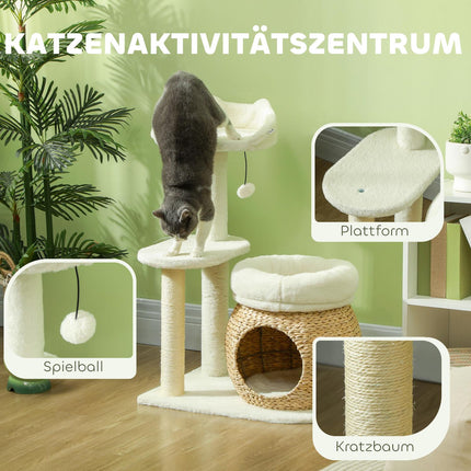 Kočičí strom s domečkem a pelíšky, škrabací sloupky, do 5 kg, krémová