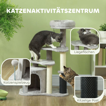 Kočičí strom s domečkem a pelíškem, sisalové sloupky, světle šedá