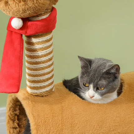 Scratching post 98 cm cat tower in deer design, with cave, play ball, jute trunks brown