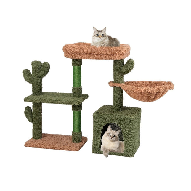 Krabpaal cactus kattenboom met plateaus hangmat kattenhol groen + bruin (81cm hoog)