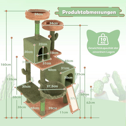 Škrabadlo kaktus kočičí strom s plošinami, hračkou, sisalovými sloupky zelená + hnědá (výška 160cm)