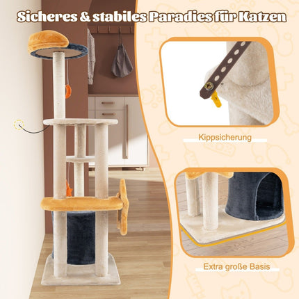 Škrabadlo kočičí strom s kočičím pelíškem, plyšovým sedátkem, hračkami a plošinami, 60 x 41 x 128 cm
