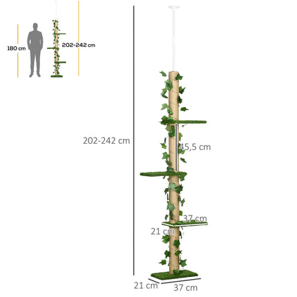 Nastavitelný jutový kočičí strom, do stropu 202-242 cm, zelený/žlutý