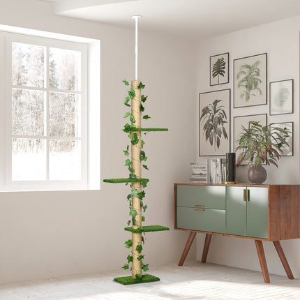 Nastavitelný jutový kočičí strom, do stropu 202-242 cm, zelený/žlutý
