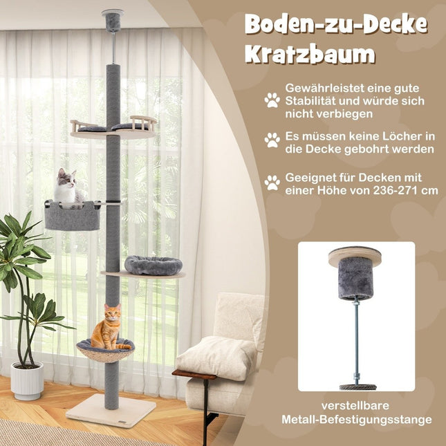 Škrabadlo stropní 236-271 cm od podlahy ke stropu, kočičí nábytek, dřevěné, šedé
