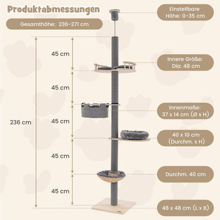 Škrabadlo stropní 236-271 cm od podlahy ke stropu, kočičí nábytek, dřevěné, šedé