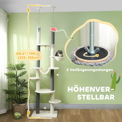 Kočičí strom až ke stropu, 225-255 cm, s houpacími sítěmi a košíky