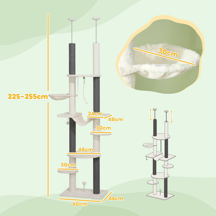 Kočičí strom až ke stropu, 225-255 cm, s houpacími sítěmi a košíky