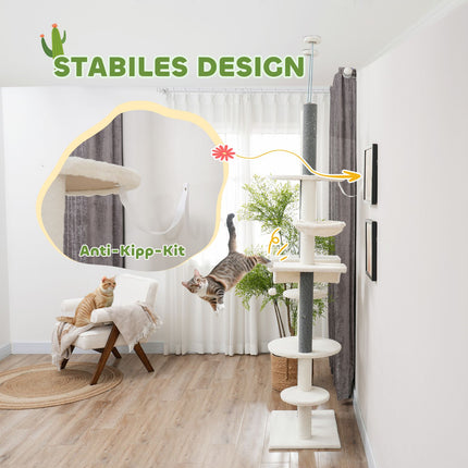 Kočičí strom až ke stropu, 225-255 cm, s houpacími sítěmi a košíky