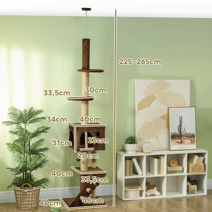 Kočičí strom až ke stropu s domečkem a hracím míčkem 225-265cm